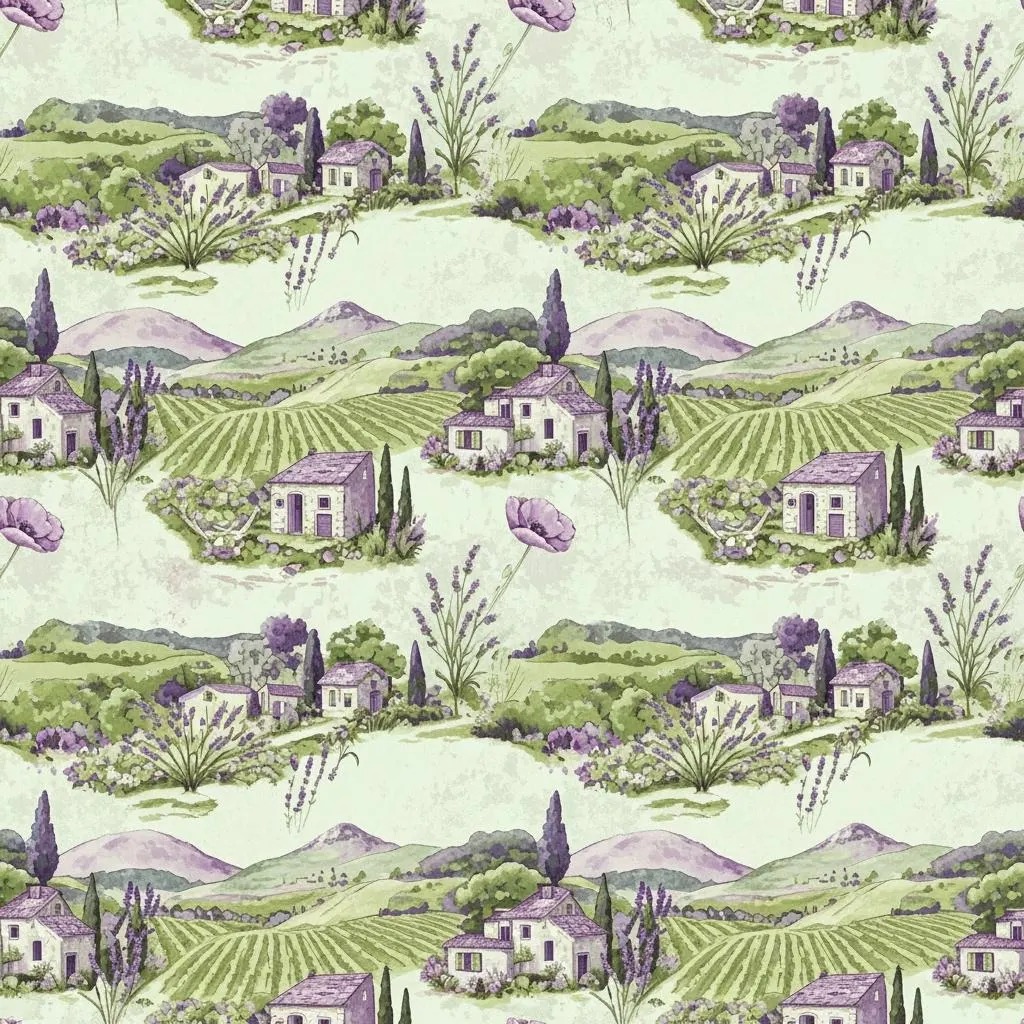 Lavanta Tarlalı Kırsal Evler Duvar Kağıdı – Provence Country Vintage Desen