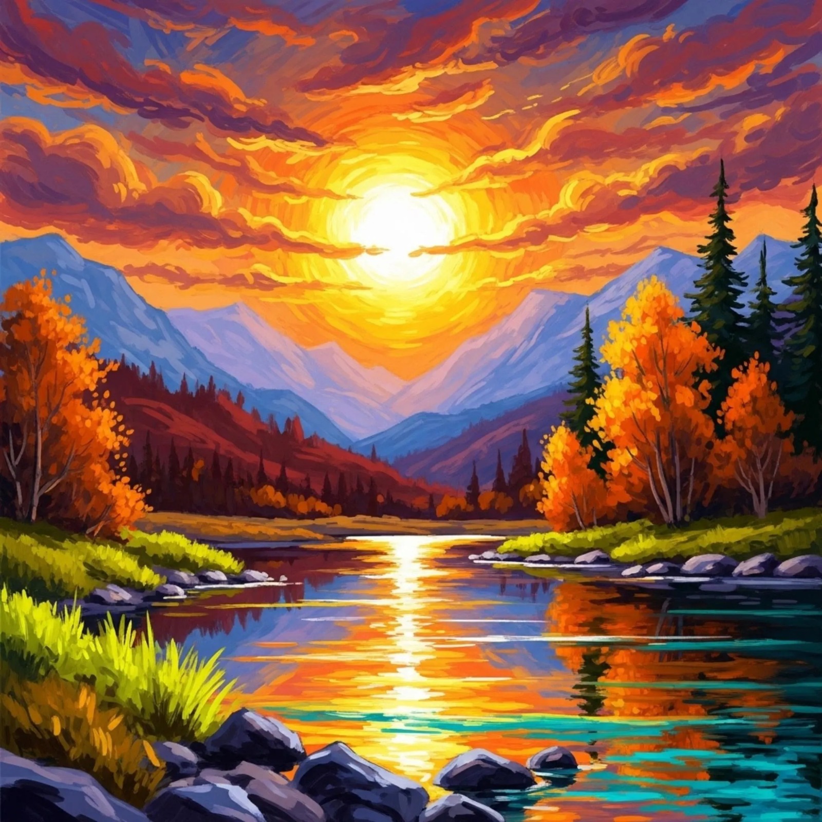Gün Batımı Dağ Manzarası Duvar Kağıdı – Renkli Doğa Yağlı Boya Stil Tasarım