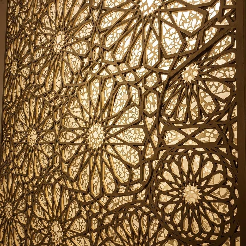 Altın İslami Geometrik Desen Duvar Kağıdı – Lüks Oryantal Mimari Tasarım