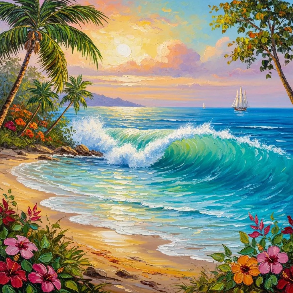 Tropikal Sahil & Okyanus Dalgası Duvar Kağıdı – Palmiye ve Gün Batımı Manzarası